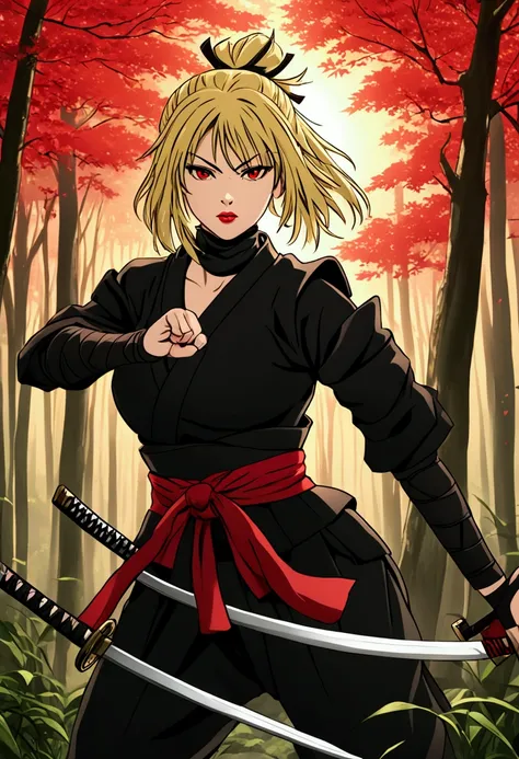 Shinobi, ninja girl, blond hair, red eyes, lipstick, ronin clothes, katana, fight pose, 1girl, solo, asian forest, daylight, sun dawn, shinobi girl, ecch.