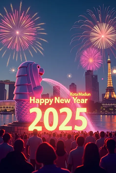 This picture shows the festive atmosphere of the night in the city of Madiun to welcome the New Year. In the foreground, many people gather around a large 3D sign "SELAMAT TAHUN BARU 2025" lit on the ground. In the background, there is the Statue of Libert...