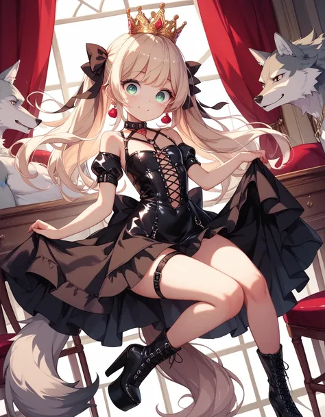   high image quality、  High Quality  、 petite girl、  big eyes、Droopy eyes、smile、pure、 crown、 wolf ear、 wolf tail 、 blondes、 Platform Boots、 princess、  leather bondage dress