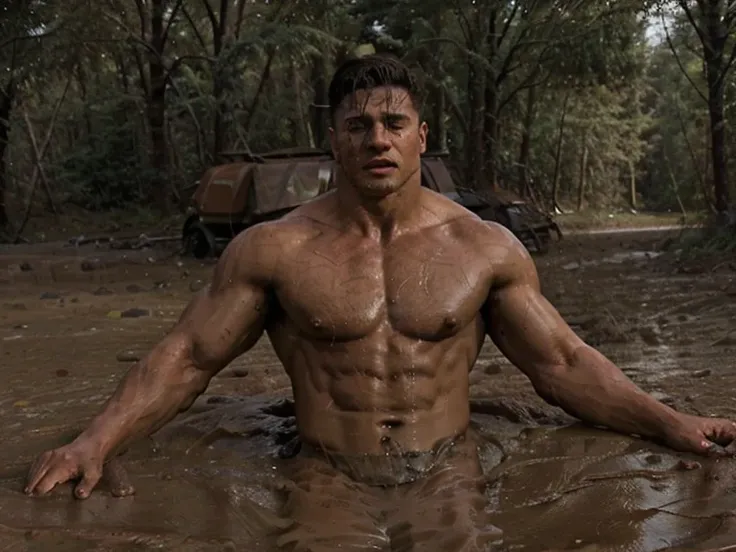 handsome, muscular and dirty shirtless man only wearing an open buttoned shirt,ecposung the entire pecs and abs, sinks in a thick mud pit in the middle of nowhere past his shoulders, highlights on the body to define the muscles