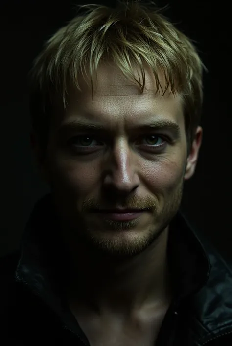 man looking straight ahead ,  green eyes a large concavity of shadows on his face,  messy blonde hair, Smiling that shadows look gloomy in the eyes that they almost dont look like