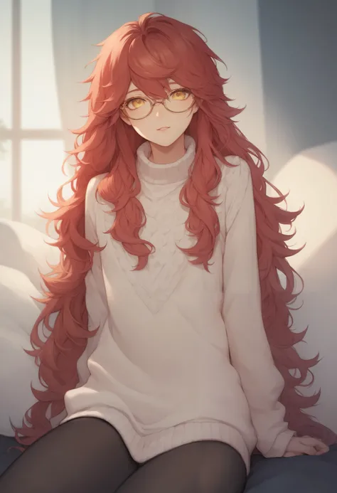 (score_9, score_8_up), score_7_up, masterpiece, high resolution, top quality, exquisite, unique, 1male, pretty, cute, androgynous, feminine, femboy, guy,  red hair, long hair, yellow eyes, sweater, golden eyes, long hair, flowing hair, black leggings, glas...