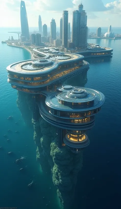 Camera from underwater, A massive floating platform on the open sea, featuring a futuristic and sophisticated design. Below the surface, an expansive network of modern underwater laboratories with sleek architecture and glowing lights. Above the platform, ...