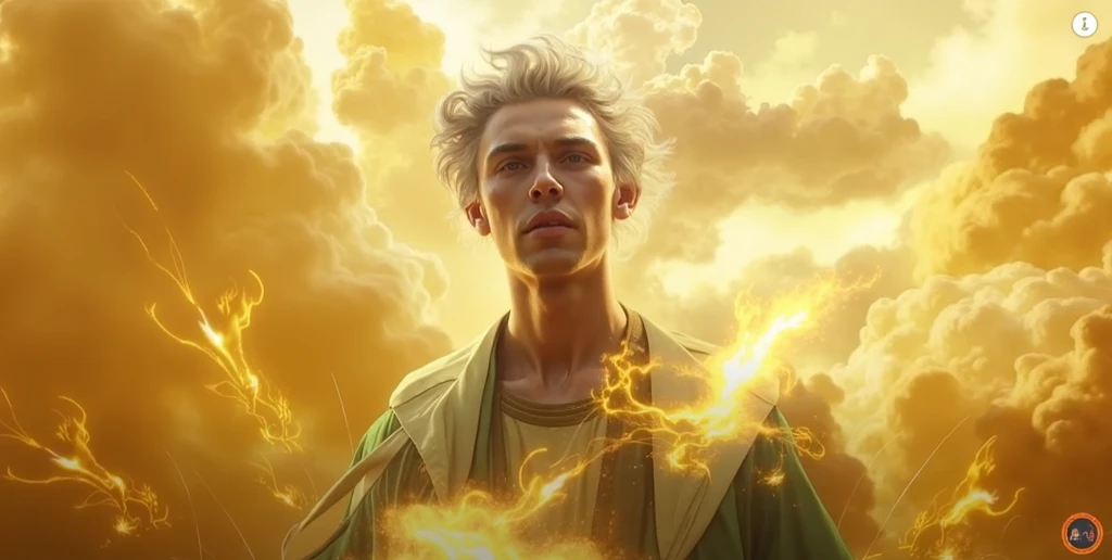 a man that is standing in front of a fire, by Magali Villeneuve, a yellow sun shining down, promotional art, youtube thumbnail, hawkins, biblically accurate angel, closeup portrait of an mage, ascending, loading screen, full image, vallejo, houses on fire,...