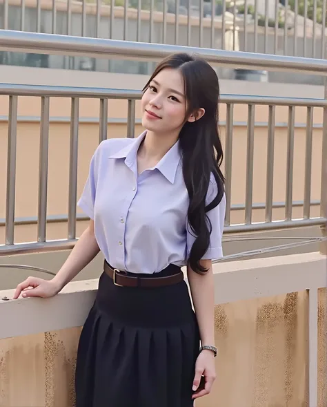 young teenager girl, tucked shirt, skirt, black hair