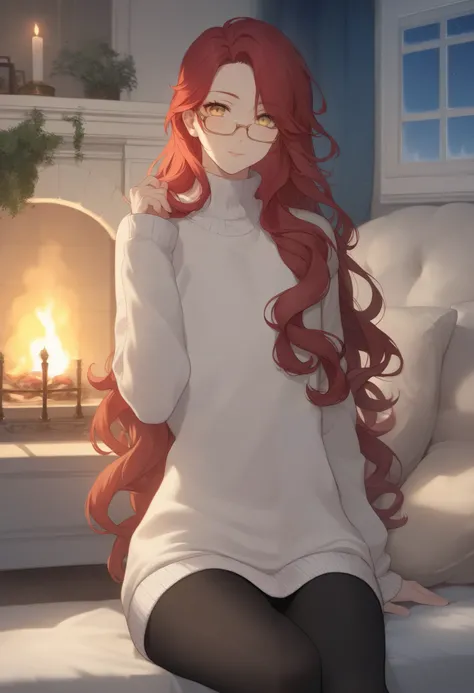 (score_9, score_8_up), score_7_up, masterpiece, high resolution, top quality, exquisite, unique, 1male, pretty, cute, androgynous, feminine, femboy, guy, red hair, long hair, yellow eyes, sweater, golden eyes, long hair, flowing hair, black leggings, glas...