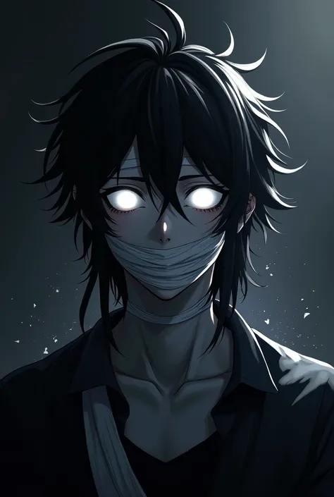 a semi-realistic 3d anime boy with long and messy hair,  is flooded all his body with darkness ,  has bandages on his mouth and hands ,  a band of white bandages on his forehead ,  his eyes glow white ,  all his skin and facial features are hidden in the d...