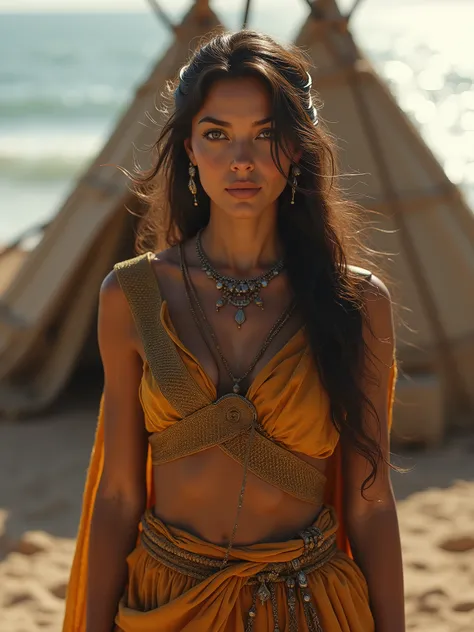 Beautiful woman standing in front of a Berber tent, Sea Peoples, Bronze Age, high detail figure, cinematic style