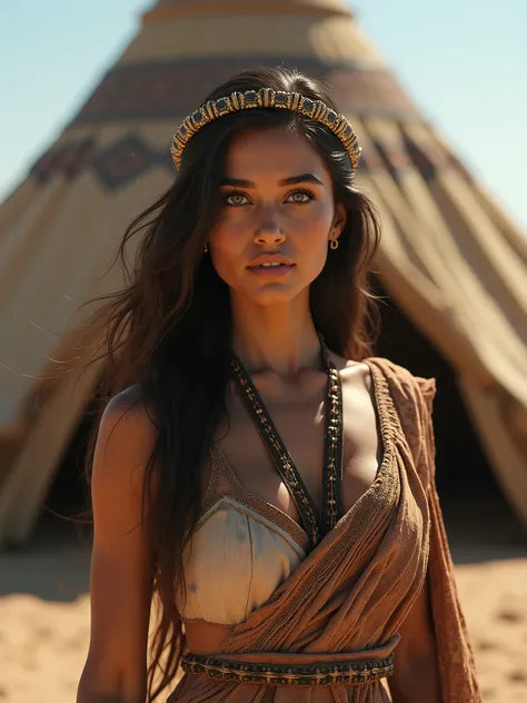 Beautiful woman standing in front of a Berber tent, Sea Peoples, Bronze Age, high detail figure, cinematic style