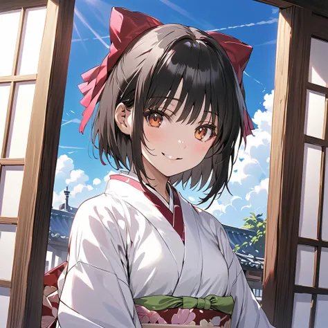 ( Perfect Anatomy), ((32K)), (( top quality )), ((超 high res)), (( high res)), ((超 high res)), ((Highly detailed CG)) , One Girl 、hisui kohaku, kohaku (Tsukihime),smile, short hair, bow, hair bow, black hair,  orange eyes , small breasts, kimono, apron、In ...