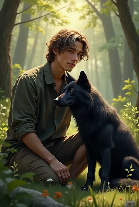  A picture of a young man ( slightly longer brown wavy hair with light almost white tips)  and a /sitting black wolf  