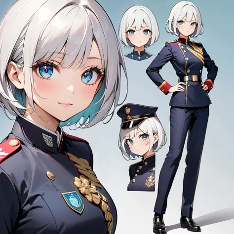  Yukiko Aikina:0.8、 super high image quality、 top quality 、 best aesthetics、 one girl、 detailed face :1.2、 detailed eyes:1.2、 with beautiful white silver hair、 bob hair、Aquamarines Beautiful Eyes 、Oblique eyes、 Shiny Skin、 beautiful skin、((Military uniform...