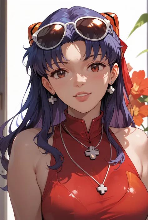 Make a picture for misato from neun Genesis Evangelion and make misato wear red dress in general and sunglasses 