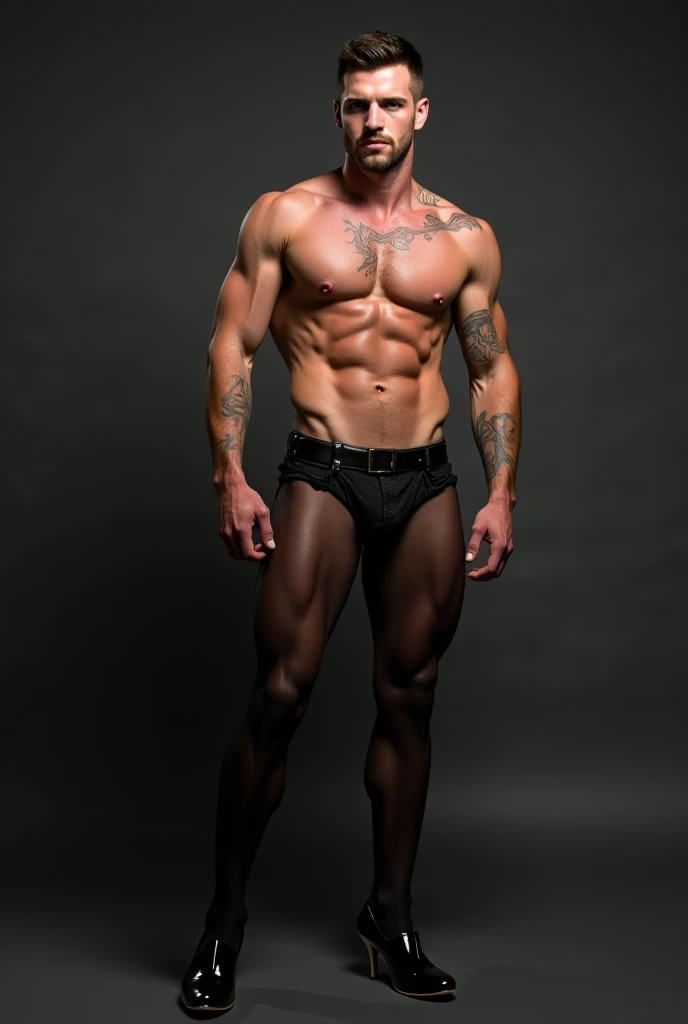 One Muscular masculine hunk  man with very short hair, panties, gaff, black nylon stockings with lace top, extreme black stiletto high heels pumps with metal heels and closed toes, with makeup, fake nails and fake eyelashes, 