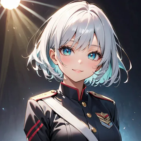  Yukiko Aikina:0.8、 super high image quality、 top quality 、 best aesthetics、 one girl、 detailed face :1.2、 detailed eyes:1.2、 with beautiful white silver hair、 bob hair、Aquamarines Beautiful Eyes 、Oblique eyes、 Shiny Skin、 beautiful skin、((Military uniform...