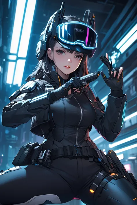 sci fi, hi tech, cyberpunk police woman action pose