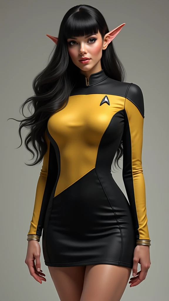 Realistic image of a beautiful Vulcan crew member ( pointy ears ,  fringed black hair) Starfleet , Wearing uniform short skirt and standard blouse from Star Trek Federation,  voluptuous body, (gold and black blouse , Very short black skirt) perfect thick l...