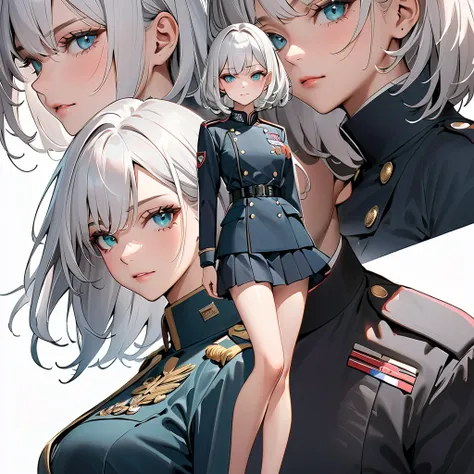  super high image quality、 top quality 、 best aesthetics、 one girl:1.3、 with beautiful white silver hair、 bob hair、Aquamarines Beautiful Eyes 、Oblique eyes、((Military uniforms:1.3))、 cool expression、((whole body:1.3))