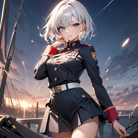  super high image quality、 top quality 、 best aesthetics、 one girl:1.3、 with beautiful white silver hair、 bob hair、Aquamarines Beautiful Eyes 、Oblique eyes、((Military uniforms:1.3))、((whole body:1.3))