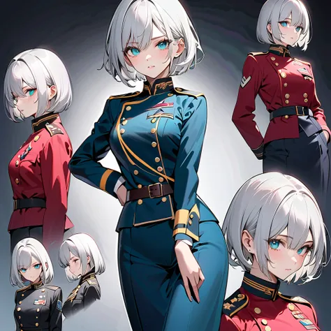  super high image quality、 top quality 、 best aesthetics、 one girl:1.3、 with beautiful white silver hair、 bob hair、Aquamarines Beautiful Eyes 、Oblique eyes、((Military uniforms:1.3))、((whole body:1.3))