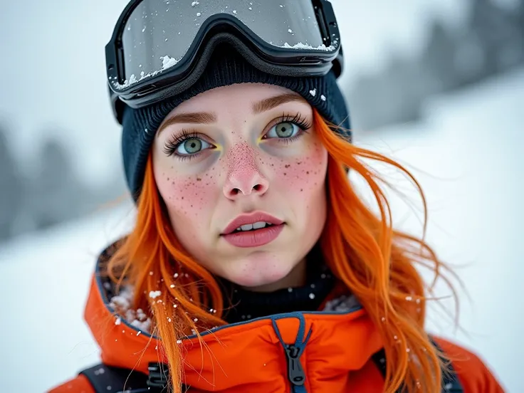 high quality orange hair orange hair freckled face green eye gothic woman low-cut curvy body aesthetic nose lip filler makeup tall big breasts round face snow beanie snow goggles winter ski suits skiing snowfall