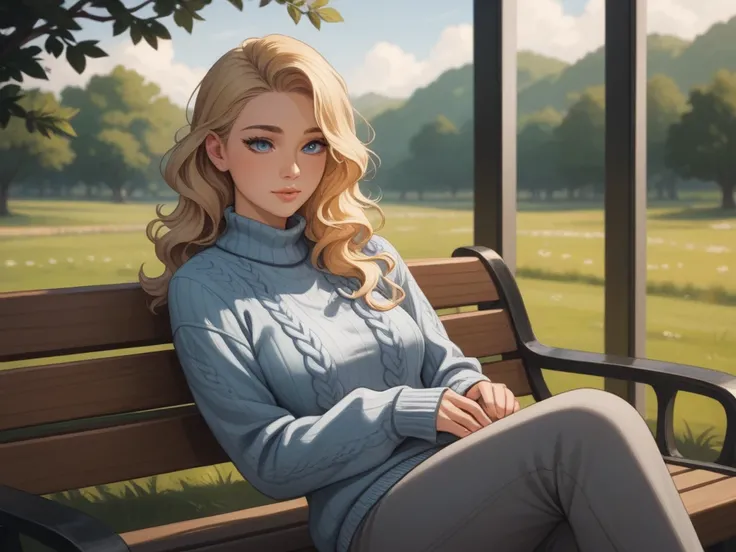 semi-realistic digital drawing in cold tones of a blonde teenage woman with long wavy hair and blue eyes dressed in a lilac sweater with salmon pink and gray pants and wide pants sitting on a bench in front of a window where you can see a field on a cold a...