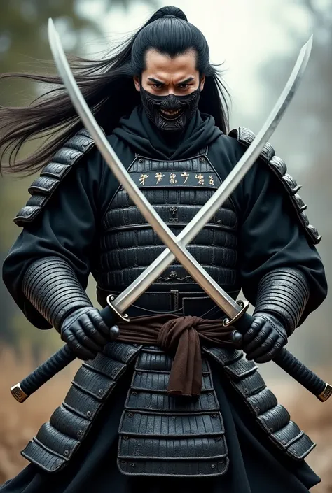 (Best quality,4K,8K,A high resolution,Masterpiece:1.2),Ultra-detailed,(Realistic,Photorealistic,photo-realistic:1.37),Feudal Japanese samurai of the Warring States period, Wearing a full black suit of samurai armor, but no helmet, his hair caught by the wi...