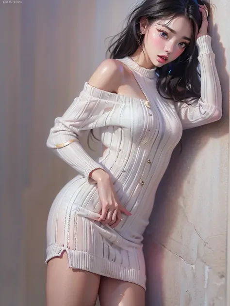 Hyper-realistic,photorealistic, super high definition painting,a beautiful young girl, Age 15、detailed face, Thick lips、Open the center of the shiny lips slightly、long black hair, Off Shoulder White Sweater Mini Dress , black tights,black heels,Highlight b...