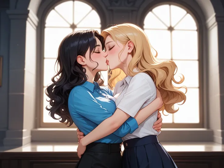 digital art image of two girls kissing ,  a blonde with long wavy hair dressed in a blue shirt and a short pale pink splint skirt kissing and caressing with love another tall Korean girl with short black hair dressed in wide black pants and a white shirt t...