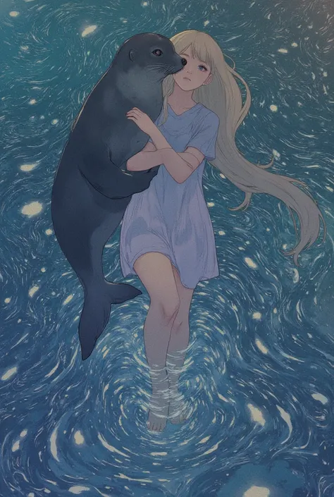 ((line-art Anime, manga aesthetic, highly detailed, vibrant colors, dynamic lighting, soft shading, 8k resolution, masterpiece)),(((1girl_seal:1.2)))A woman emerging from water, with a seal climbing up beside her to embrace her, symbolizing harmony and con...