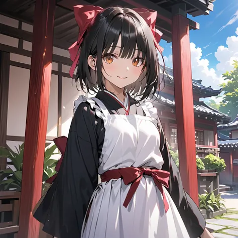 ( Perfect Anatomy), ((32K)), (( top quality )), ((超 high res)), (( high res)), ((超 high res)), ((Highly detailed CG)) , One Girl 、hisui kohaku, kohaku (Tsukihime),smile, short hair, bow,hair bow, black hair,  orange eyes , small breasts,black kimono, apron...