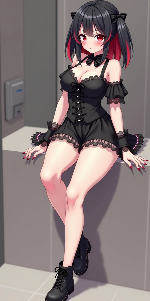 Pretty schoolgirl ,14-years-old  , naked giant breasts, gigant thick thighs , blushing, cute face, fucked, Babydool erotic too short, Gothic Lolita , bare shoulders, Caderona Two-color hair, black hair, minifalda negra, botas largas con tacon, cabello negr...