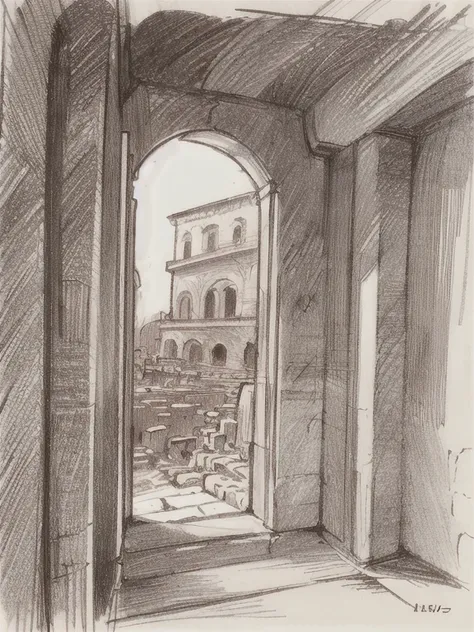 (masterpiece,  top quality ,  very detailed: 1.5), Black and White, ((sepia)), ((Pencil drawing)), fantasy, Rome, ((Pompeii)),  medieval Europe , Art Nouveau, Western art, ,  monster : 1.3, ((Ruins)), city, (Adventurer), (( dragon )),