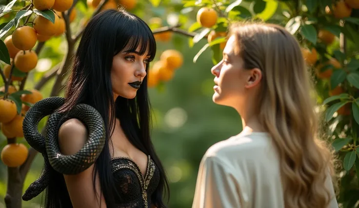 A symbolic artistic scene set in the Garden of Eden. A woman with straight black hair, yellowish eyes, black lipstick dressed in an elegant black outfit with a snake print, with a black snake on her shoulders represents the serpent, exuding a mysterious an...