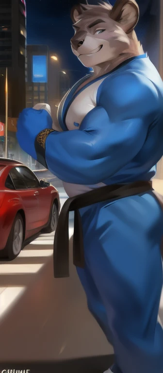  alone ,male Tall​, huge body, standing He is a martial artist in the Martial Arts.road, koala ,  blue Military Spacesuit, Heavy Overload ,  Muscle Ties , smirking ,by chunie 