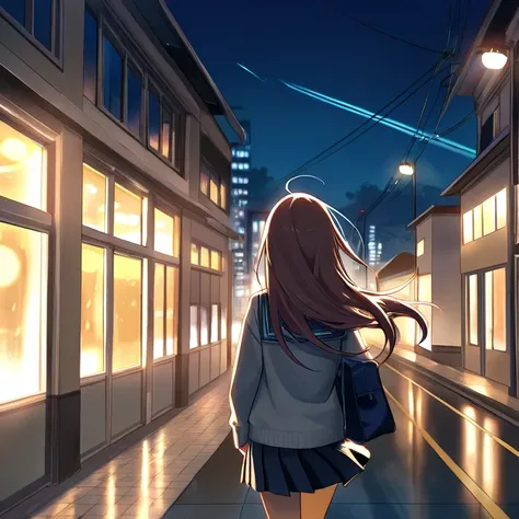 Back view of high school girl、A high school girl is standing in the distance、 is turning around、 its raining please pull out 、There are a lot of modern buildings、night