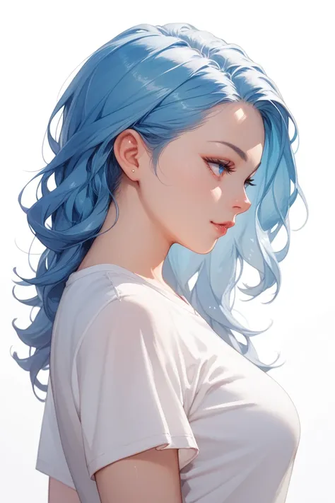 A girl with blue hair standing, from the left side, white tshirt and white background 