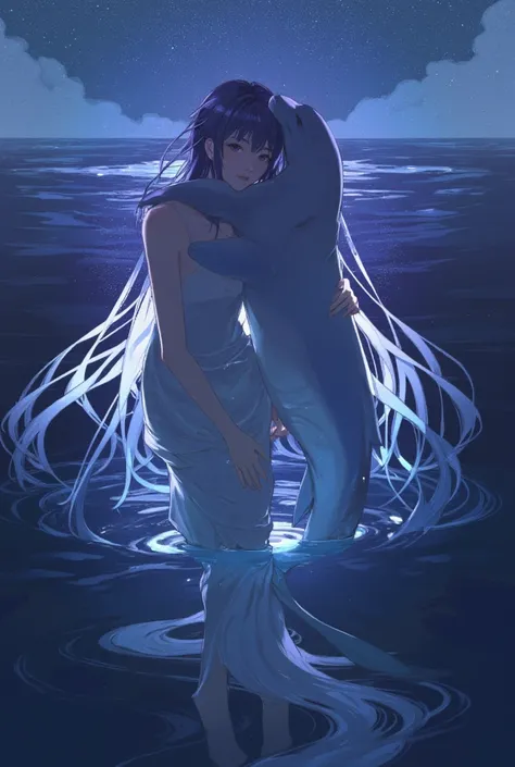 ((line-art Anime, manga aesthetic, highly detailed, vibrant colors, dynamic lighting, soft shading, 8k resolution, masterpiece)),(((1girl_seal:1.2)))A woman emerging from water, with a seal climbing up beside her to embrace her, symbolizing harmony and con...