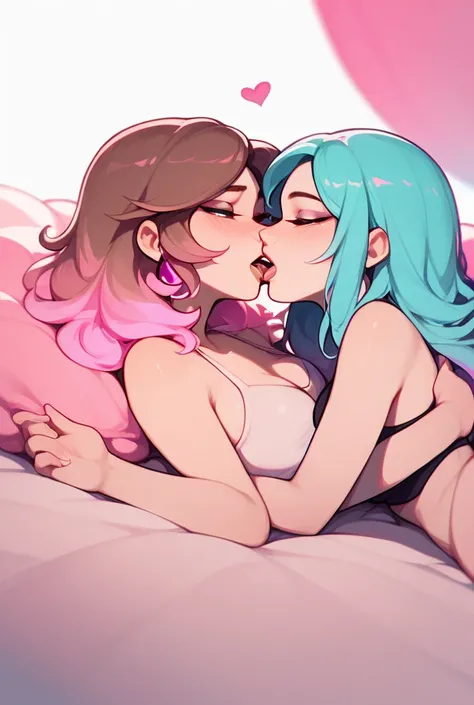 2 girls, lying on top of each other, one light blue hair with a dyed pink fade, one brown hair with a dyed pink fade, on bed, kissing, ahegao