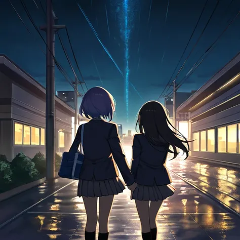 Back view of high school girl、A high school girl is standing quite far、 is turning around、 its raining please pull out 、There are a lot of modern buildings、night