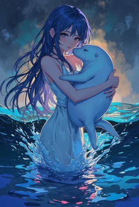 ((line-art Anime, manga aesthetic, highly detailed, vibrant colors, dynamic lighting, soft shading, 8k resolution, masterpiece)),(((1girl_seal:1.2)))A woman emerging from water, with a seal climbing up beside her to embrace her, symbolizing harmony and con...