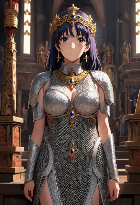 katsuragi_misato, huge_old, standing, Alone, misato_cruz_collar, chainmail_dress, masterpiece, Best Quality, detailed face, detailed eyes, altars,