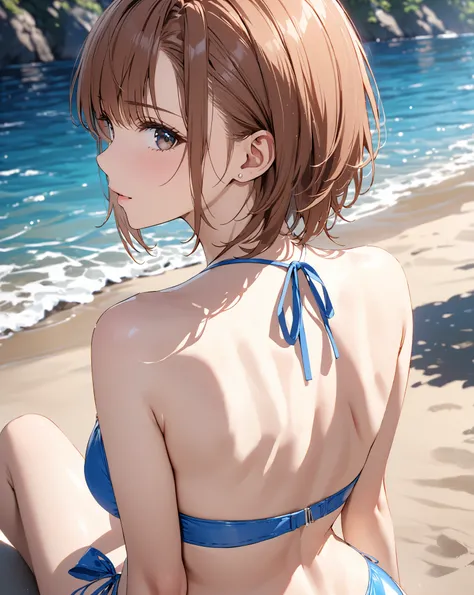  bikini swimsuit,  back angle , (Misaka Mikoto), masterpiece:1.5, masterpiece, highest quality, UHD, retina, masterpiece, accurate anatomy, super detailed, high quality, best quality, 8k