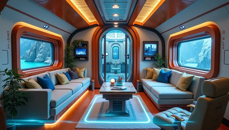 luxurious futuristic submarine interior, colorful hologram interface, shower, bed, sofa, television, shelf, printer, desk, chair, bunker door, steering wheel