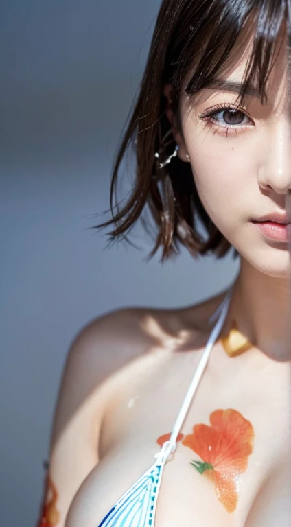  1 girl, ( stressless micro bikini :1.5), ( staring at the camera)、 beautiful Japanese actress , (( small,  flat chest:1.5))、Photogenic, (( face close-up :1.5))、Snow Princess,  has long eyelashes,  snowflake earrings , stressless micro bikini 、 ( RAW photo...