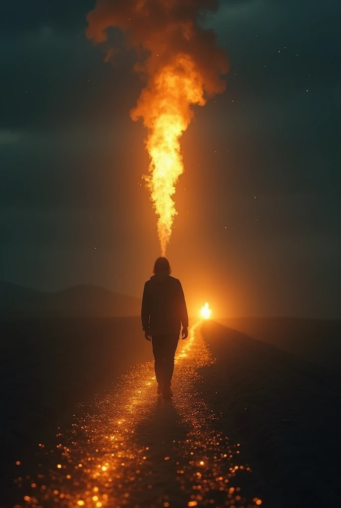 A heartfelt and symbolic scene inspired by the lyrics: a solitary figure walking through a vast, dark landscape, illuminated by a single, vibrant flame hovering above their chest, symbolizing Jesus as the guiding light in their darkness. The figures face r...