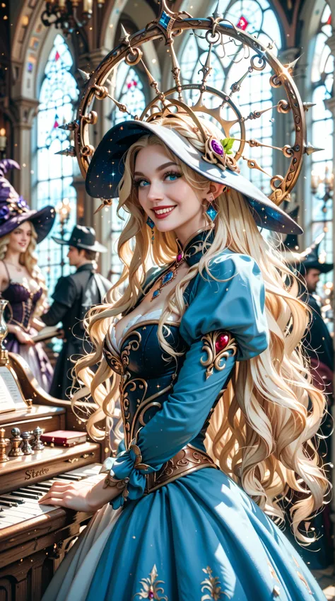  A Fierce and Mysterious The Witch，Long flowing blonde hair， Naughty Smile ， Elf Features ， Exquisite Armor ， Stately Helmet ， Elegant Curve ， Charming Eyes ， Sparkling Halo ， Mysterious Duality ， Baroque Tavern ， Light of the Wheel ，Death Magic 