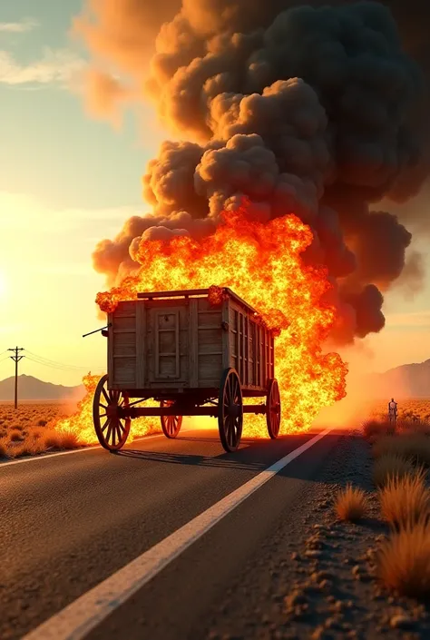 A wagon setting fire on the highway