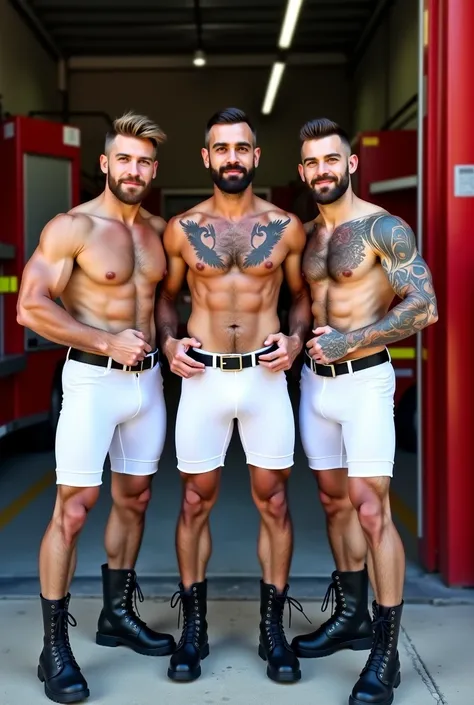 Une photo de trois hommes velus chauves, 50 ans, short beard, tattooed, forts et corps musclés, torse nu en short cycliste blanc dun uniforme de pompier français, bottes rangers,  holding each other by the waist, full body large face view, The firehouse in...