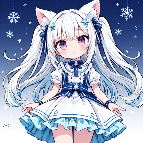  high res,  top quality , masterpiece,  anatomically correct ,  pink eyes,  big eyes, Oblique Eyes,  long hair,  aquamarine hair,  ,  One Side Up ,Animal ears loli,  tsundere,  odd-eye, Wide angle,  Ring of Angels ,  snowflake hair accessories,  glitter ef...